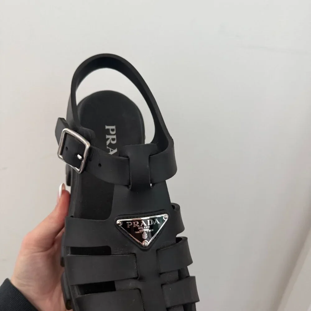 Prada Monolith Platform Sandals Black Strappy Cage Vamp Foam Rubber Sz 38 - Picture 5 of 11